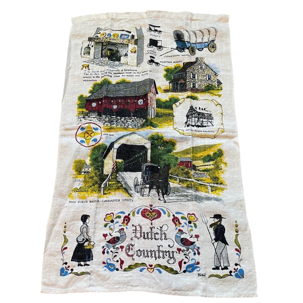Vintage Dutch country Amish Lancaster county Tea Dish Towel Calendar farm
